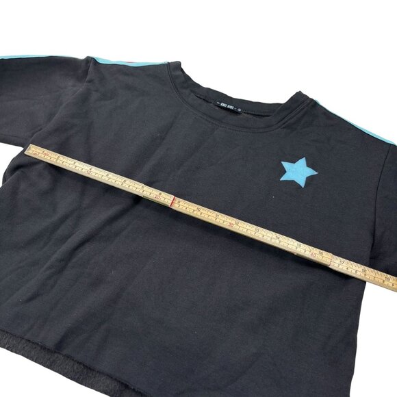 Black Knit Riot Cropped Sweatshirt With Blue Star & Rainbow Sleeve Stripes Women - Picture 9 of 11